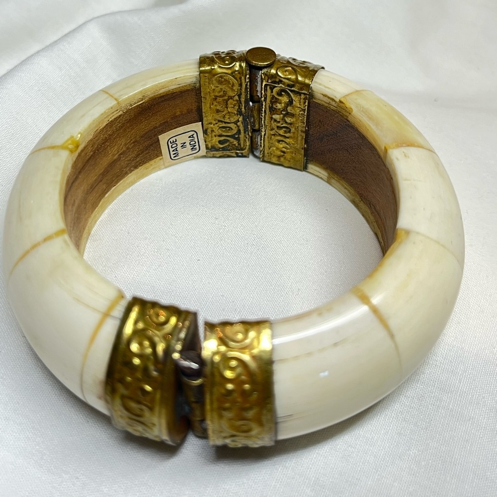 Bone Brass Cuff Bracelet Made In India Wood Hinged Bangle 7” unique